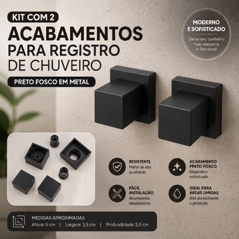 Kit com 2 Acabamentos para Registro de Chuveiro Preto Fosco em Metal