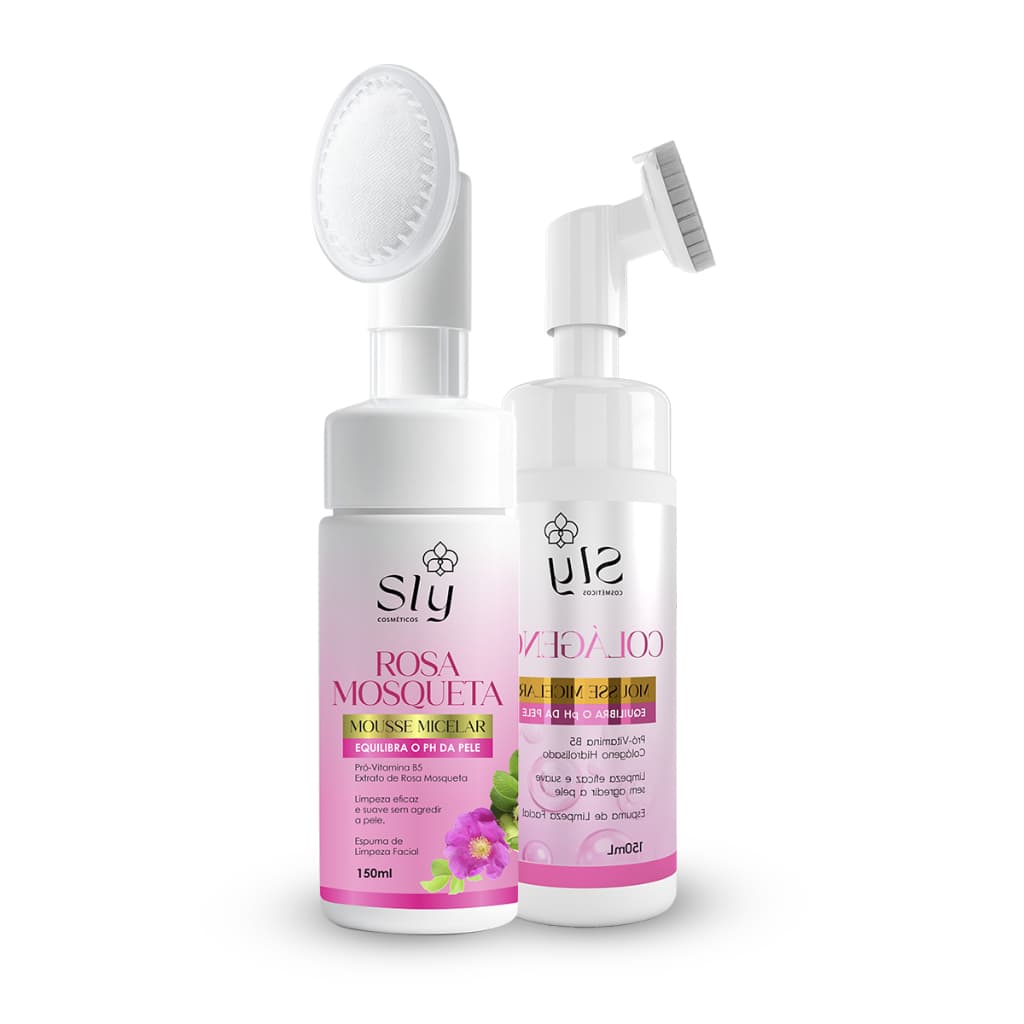 Kit 2 Mousses Micelares Facial Com Escovinha Rosa Mosqueta + Colágeno Limpeza Diária Pure Nature