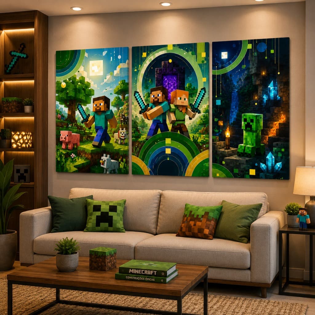 Kit 3 Quadros Decorativos Minecraft Gamer Infantil Steve Alex Creeper Quarto Gamer