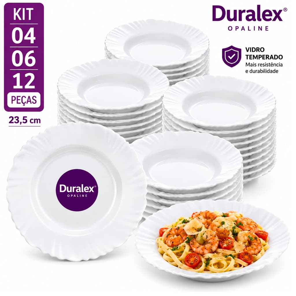 Jogo de Pratos Duralex Opaline Petala Vidro Temperado Branco Fundo Kit Completo Jantar e Almoço