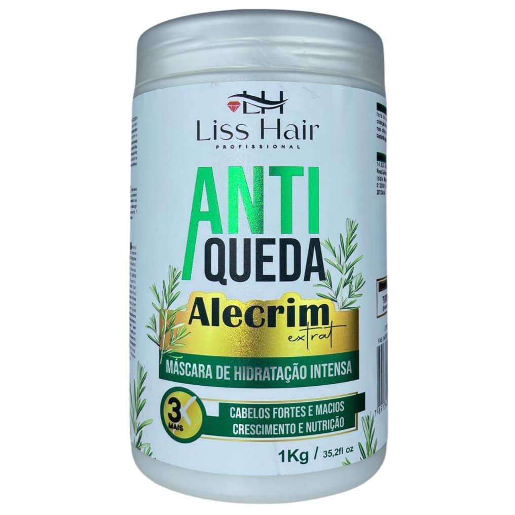 Máscara de Hidratação Antiqueda Alecrim 3x Cabelos Fortes e Macios 1Kg Linha Premium Liss Hair