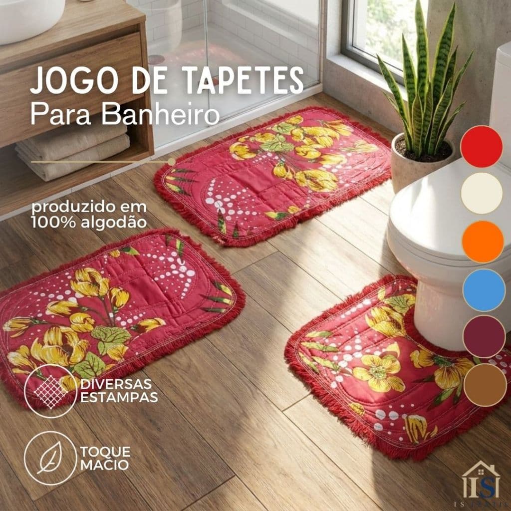 Jogo De Tapetes Artesanal Para Banheiro 3 Peças 100% Algodão Várias Cores