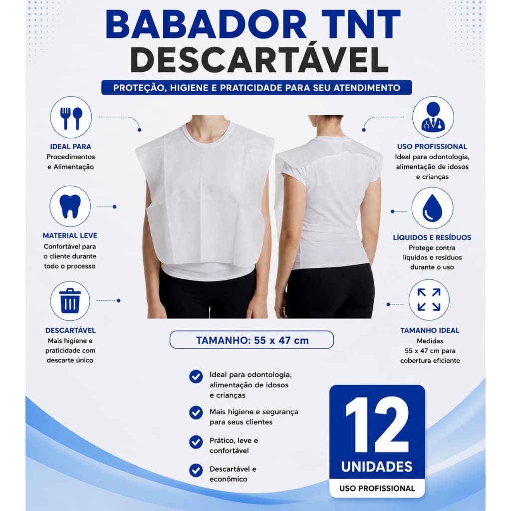 15UN Babadores Descartáveis 55x47 TNT Impermeável Estética Dentista Idosos Crianças Alimentação