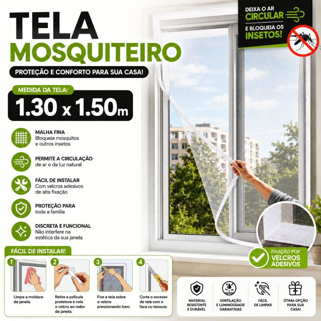 Tela Mosquiteira Anti-inseto Mosquito Janela com Autocolante 1,30 x 1,50 Premium Proteção Insetos
