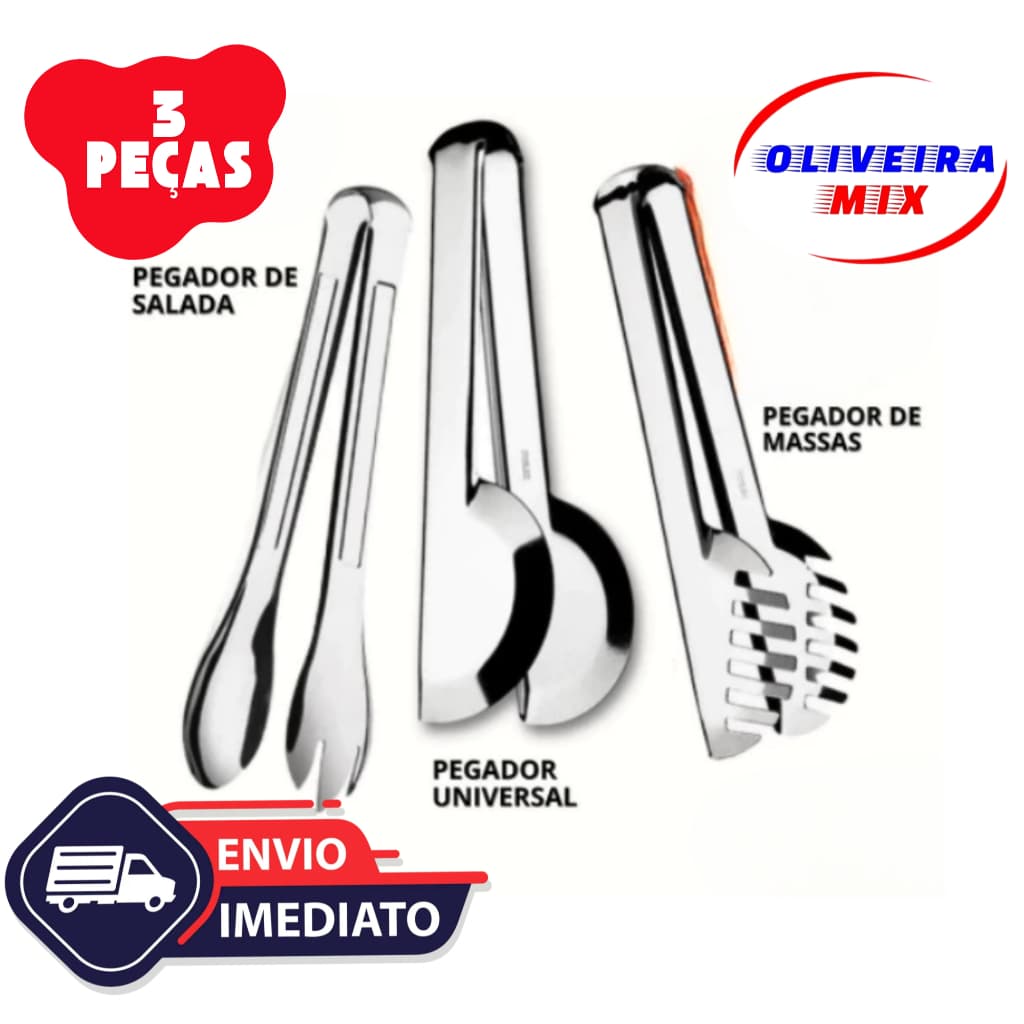 Kit  03 peças Pegador de Massas  Pegador Saladas e Pegador Universal de 20 cm  em Aço Inox Multiuso
