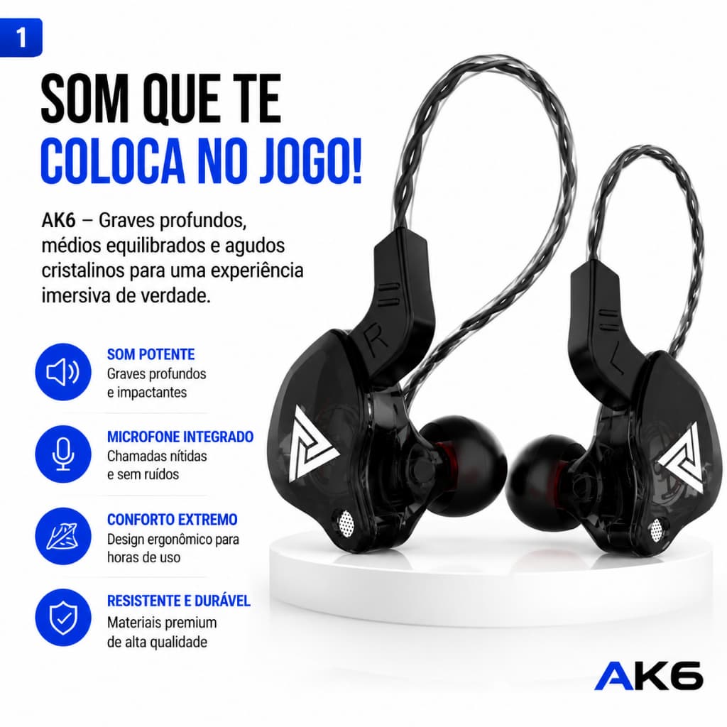 QKZ AK6 Fones de Ouvido C/Fio Intra-Auriculares Monitor Dinâmico de Palco Graves Microfone Preto