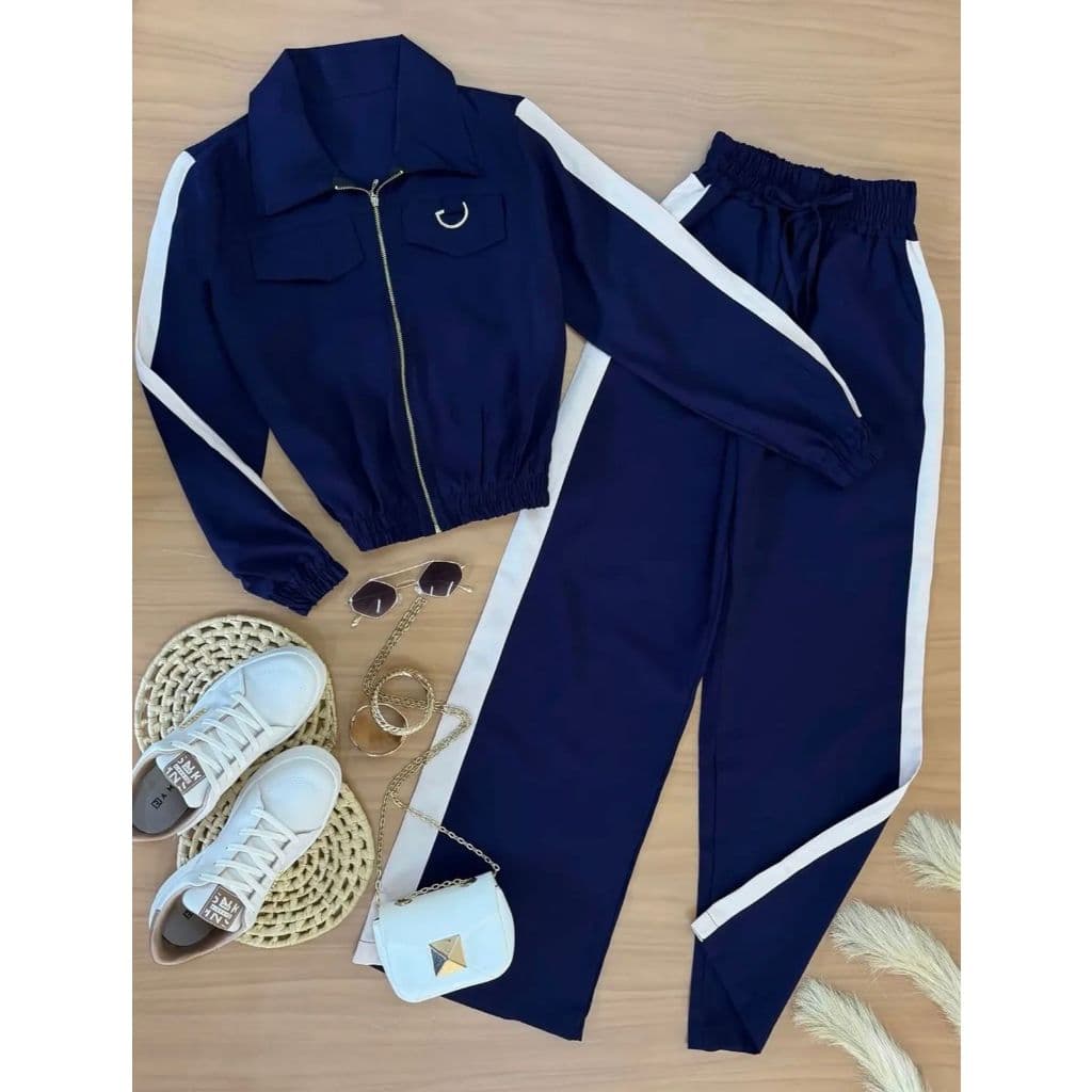 Conjunto Feminino Elegante Calça Larga e Blusa Cropped manga longa ziper Luxo Em Alta Tendência Moda Estilo
