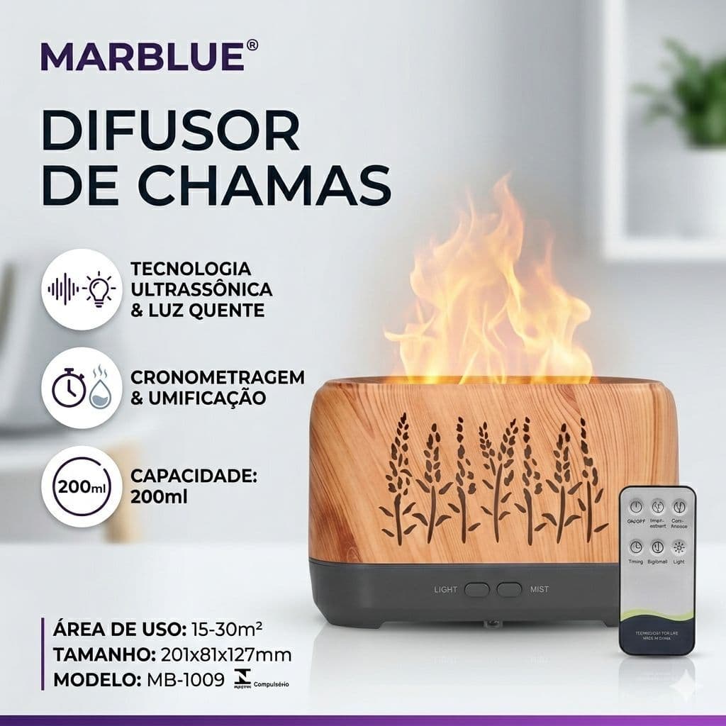 Umidificador e Difusor  Aromático Flame 200ml LED Efeito Chamas Ultrassônico Decorativo