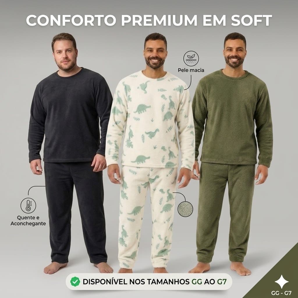 Pijama Plus Size Masculino Soft Quentinho Inverno Liso E Estampado
