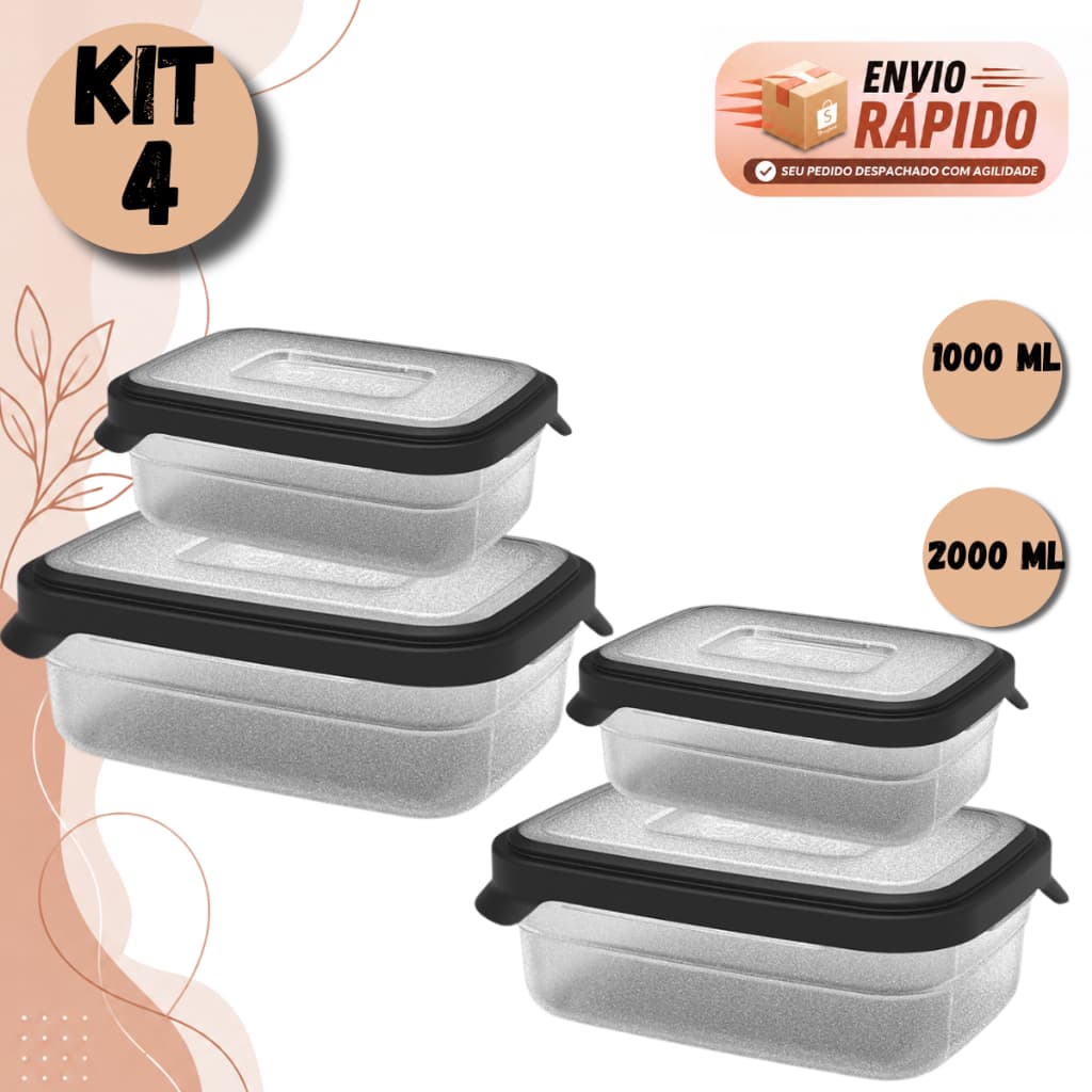 Kit 4 Potes Retangulares Hermético 1000ml/2000ml Tampa  Ótima Vedação Freezer Microondas  Lava Louça