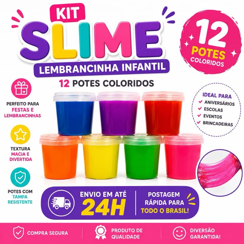 Slime Lembrancinha Infantil Kit 12 Potes Coloridos Festa