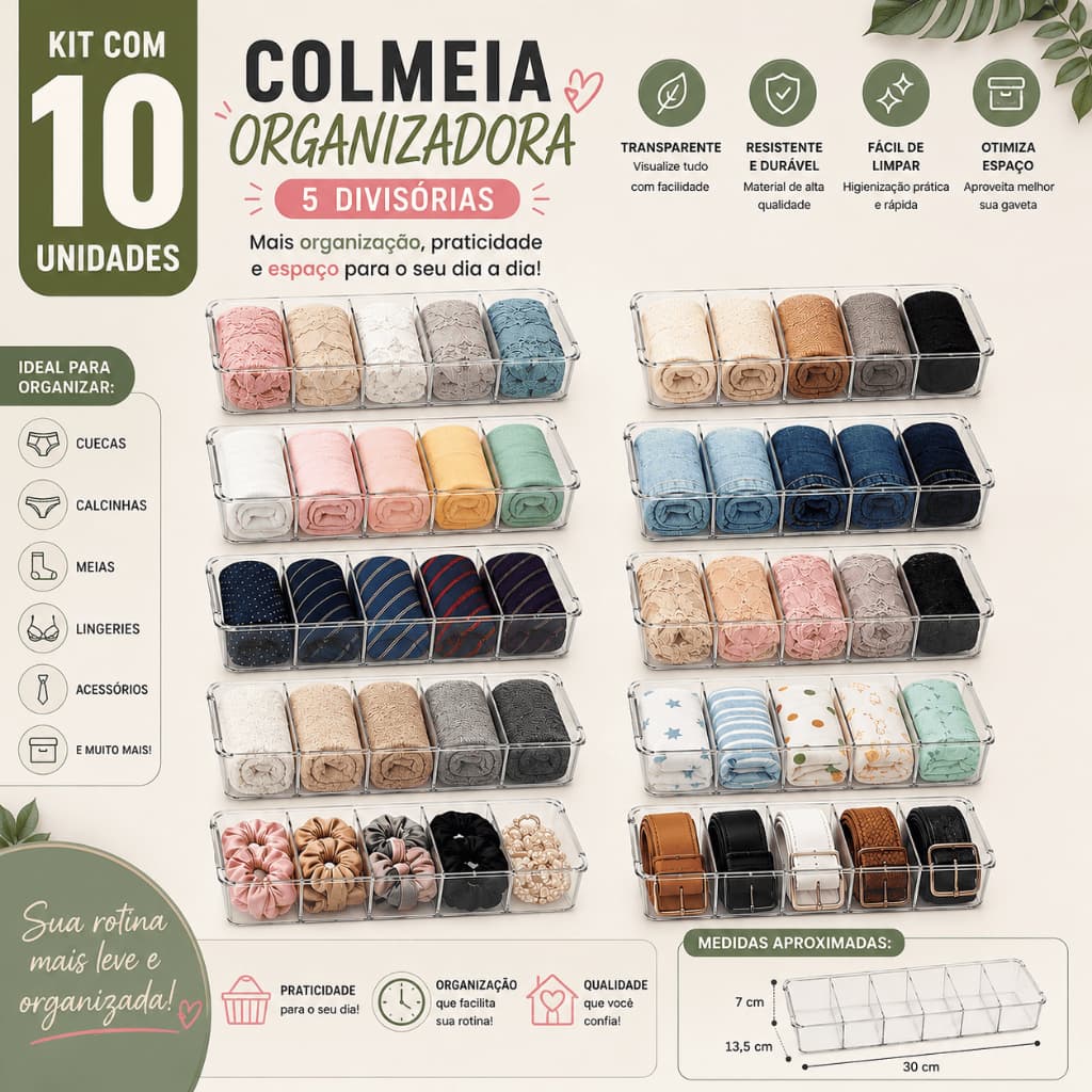 Organizador de Gaveta Kit com 10 Un Transparente com 5 Divisórias | Colmeia Multiuso para Roupas
