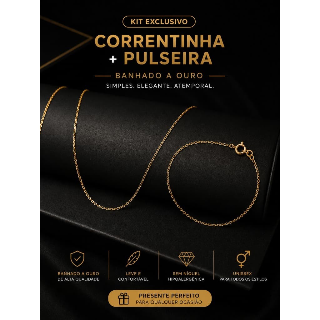 Kit Corrente e Pulseira Banhado a Ouro Semi Joia Unissex Dourado