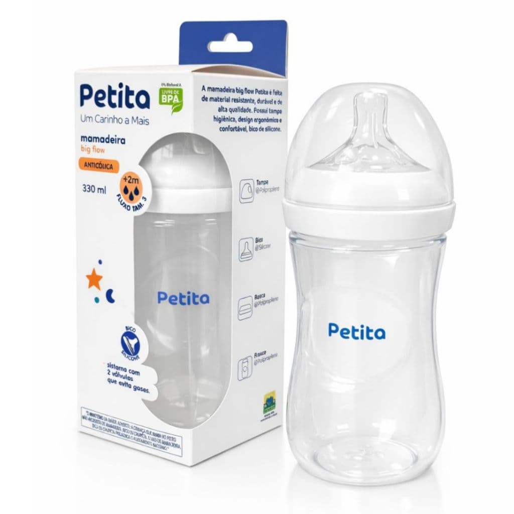Mamadeira Anticolica Petita Big Flow 330ml Bico Pétala Silicone Fluxo 3 +2 Meses Tampa Antivazamento