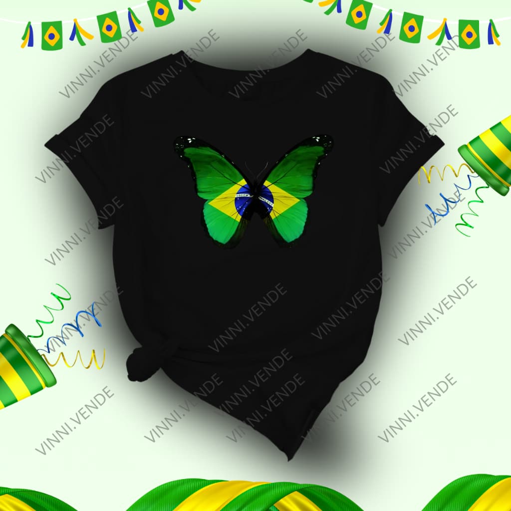 Camiseta Feminina Borboleta Realista Bandeira Do Brasil Blusa 100% Algodão Adulto e infantil Envio Rápido Copa Do Mundo