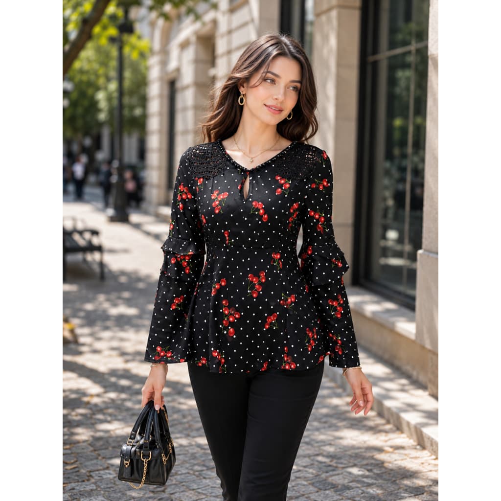 Blusa Feminina Estampa Cereja Poá Manga Longa Flare Elegante Casual Moda Blogueira