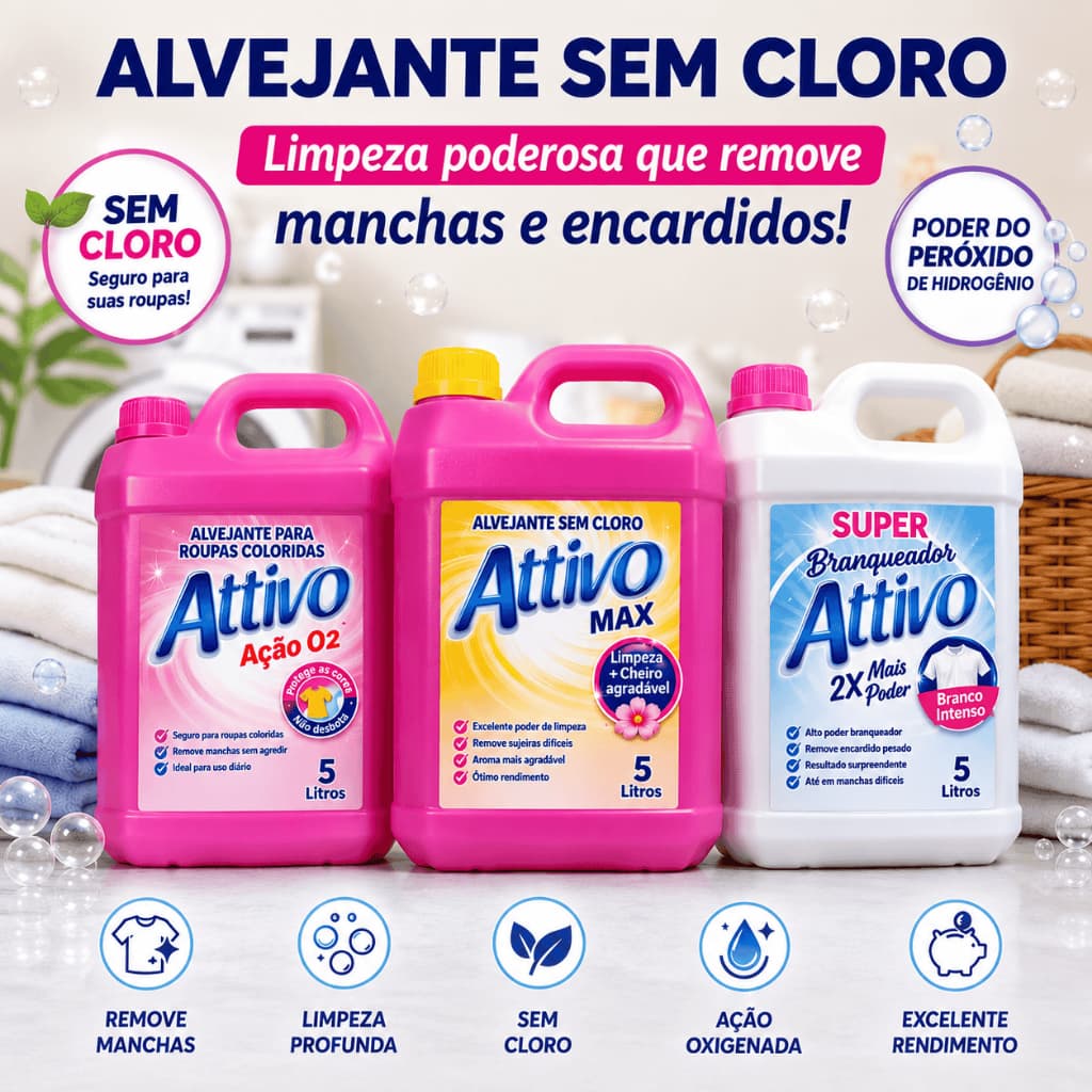 Alvejante Sem Cloro 5L Attivo - Tira Manchas, Branqueia, Limpa Profundo Sem Agredir Os Tecido | Poder Do Oxigênio Ativo