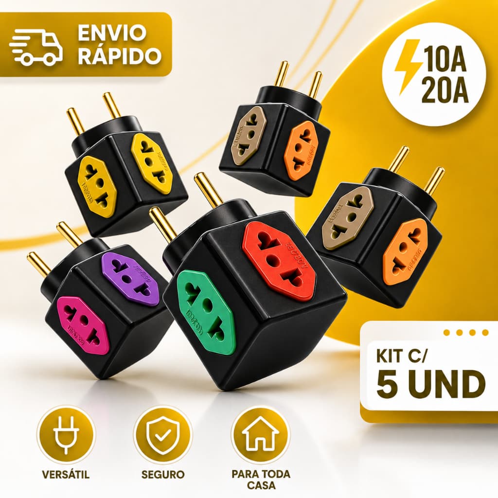 Adaptador de Tomada Benjamin CUBO 10A/20A Pino Maciço Resistente 4 Tomadas Colorida