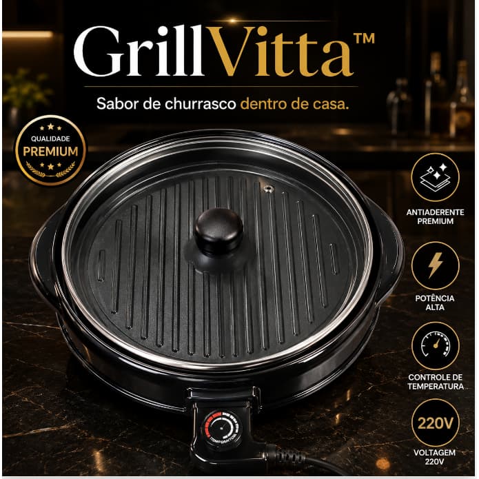 Grill Elétrico GrillVitta Redondo Antiaderente 220V Termostato Ajustável Potência Alta Churrasqueira Elétrica Premium