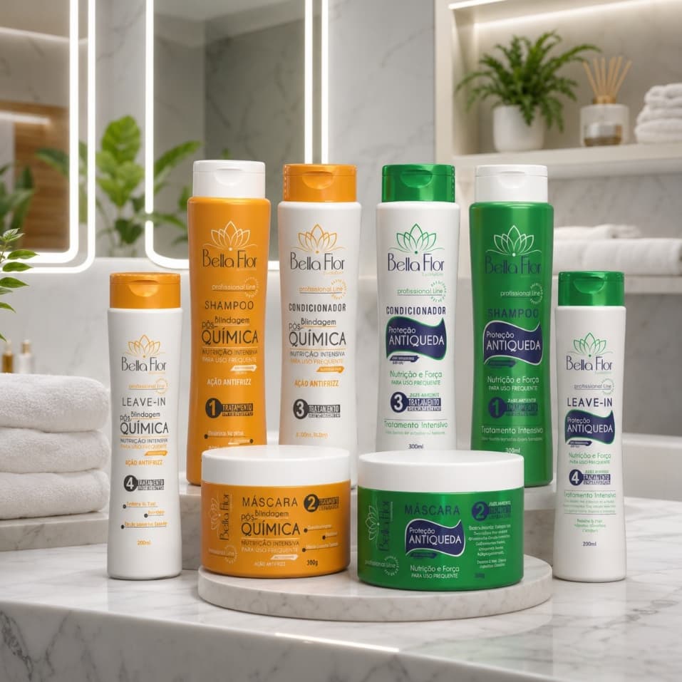 2 Kits Capilares Pós-Química + Anti-Queda com 8 Produtos Bella Flor Fortalecimento Brilho Tratamento Capilar