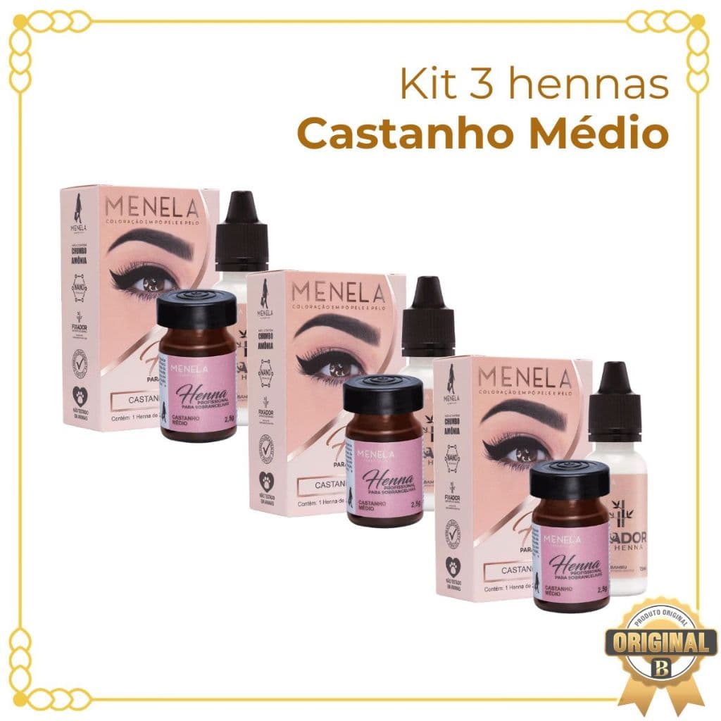 Kit 3 Hennas Castanho Médio Para Design De Sobrancelhas Menela
