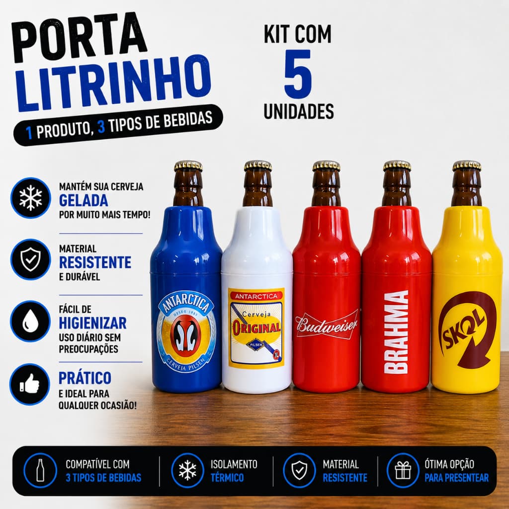 kit 5 Suporte Cerveja Porta Litrinho 300ml Long Neck Térmico Personalizados