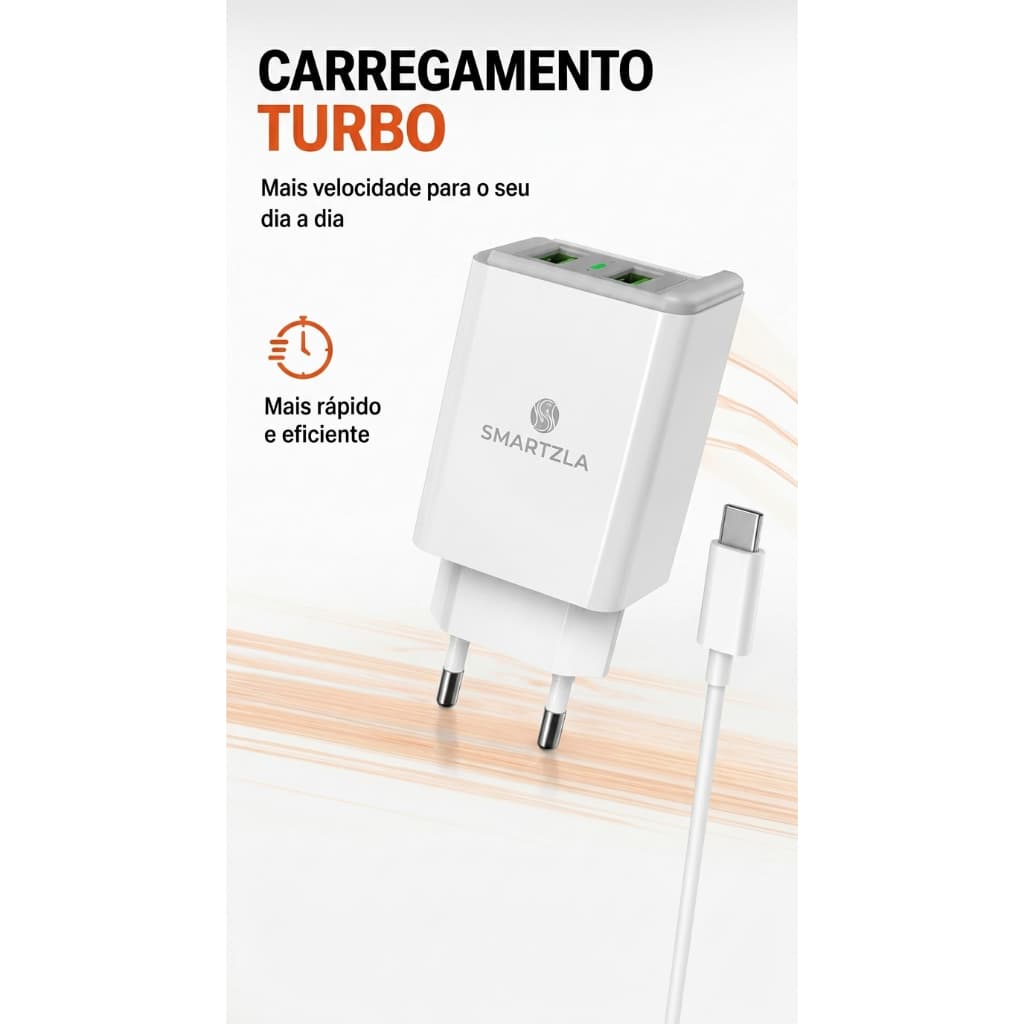 Carregador de Celular Turbo Rápido Duplo USB Tipo C Smartzla COD HWTC