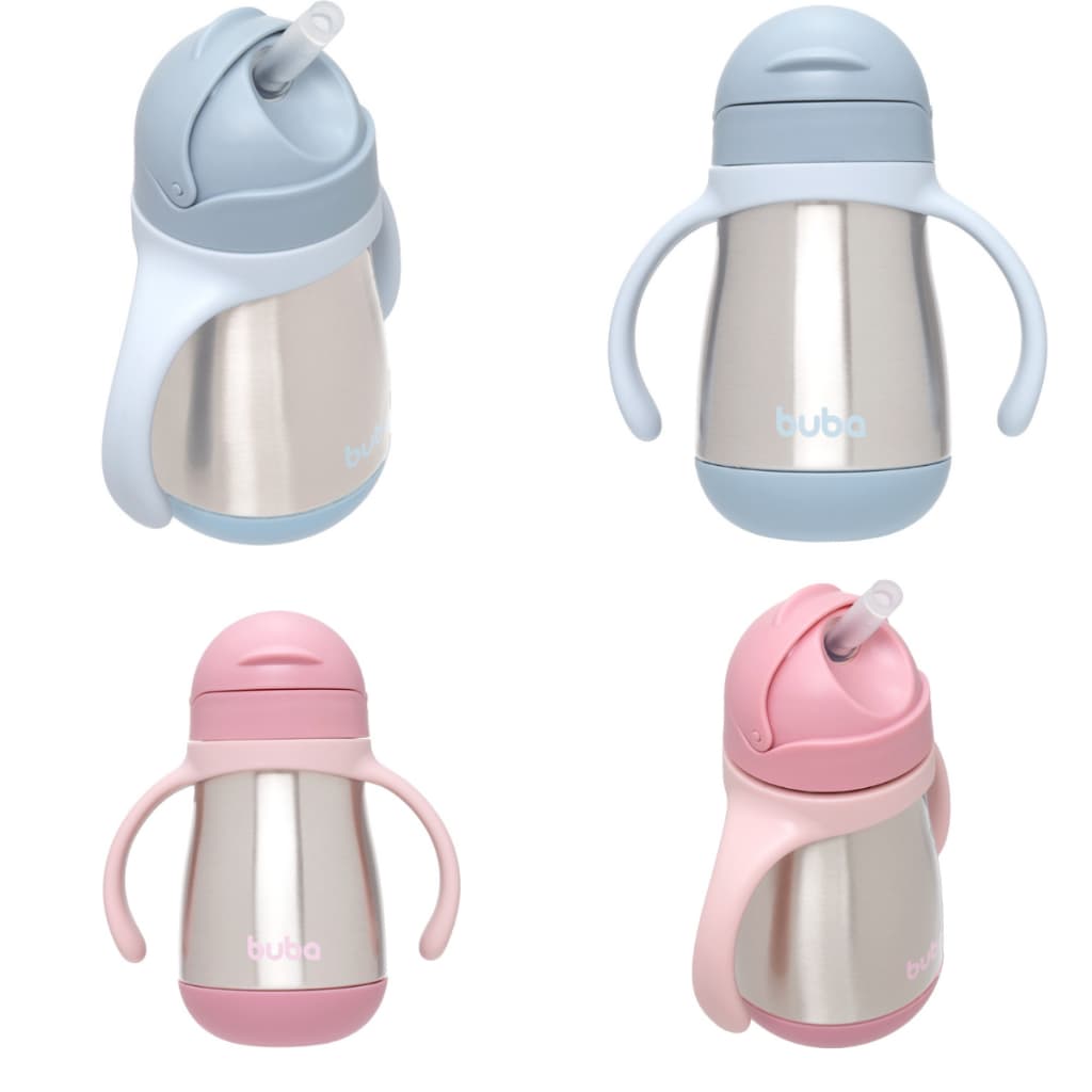 Copo de treinamento com canudo inox rosa e azul buba
