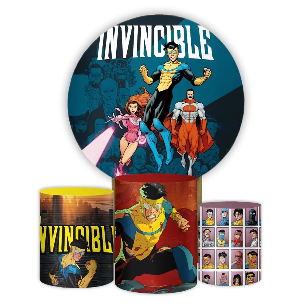 Capa Painel Redondo e Cilindros Decoração Tema Desenho Invencível Festa Infantil Invincible