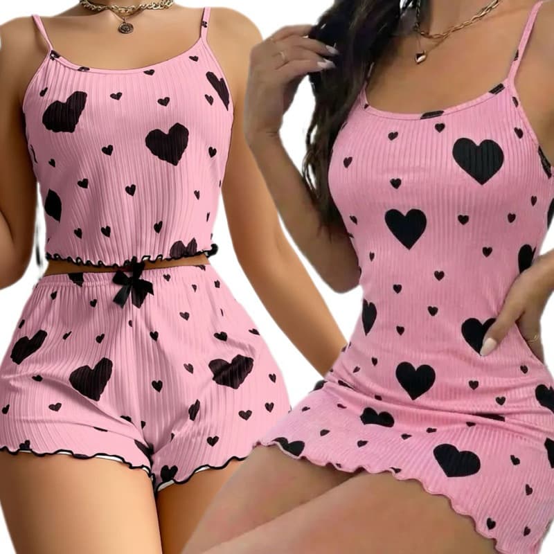 Kit Pijama Feminino + Camisola Coração Canelado Short Doll Alça Fina Moda Íntima