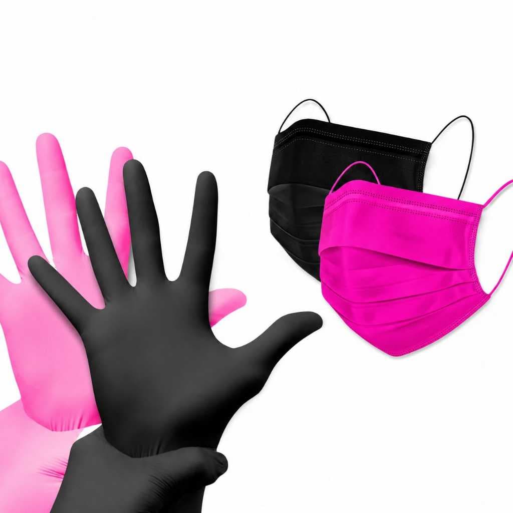 Kit 100 Luva Nitrílica Tam. P, M ou G + 50 Máscara Descartável | KIT PRETO OU ROSA