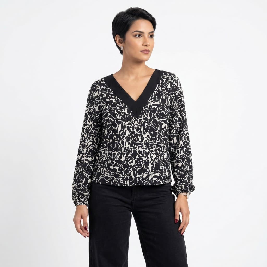 Blusa Feminina Estampada Decote V Preto Branco Manga Longa Elástico Pulso Elegante Casual Moderna