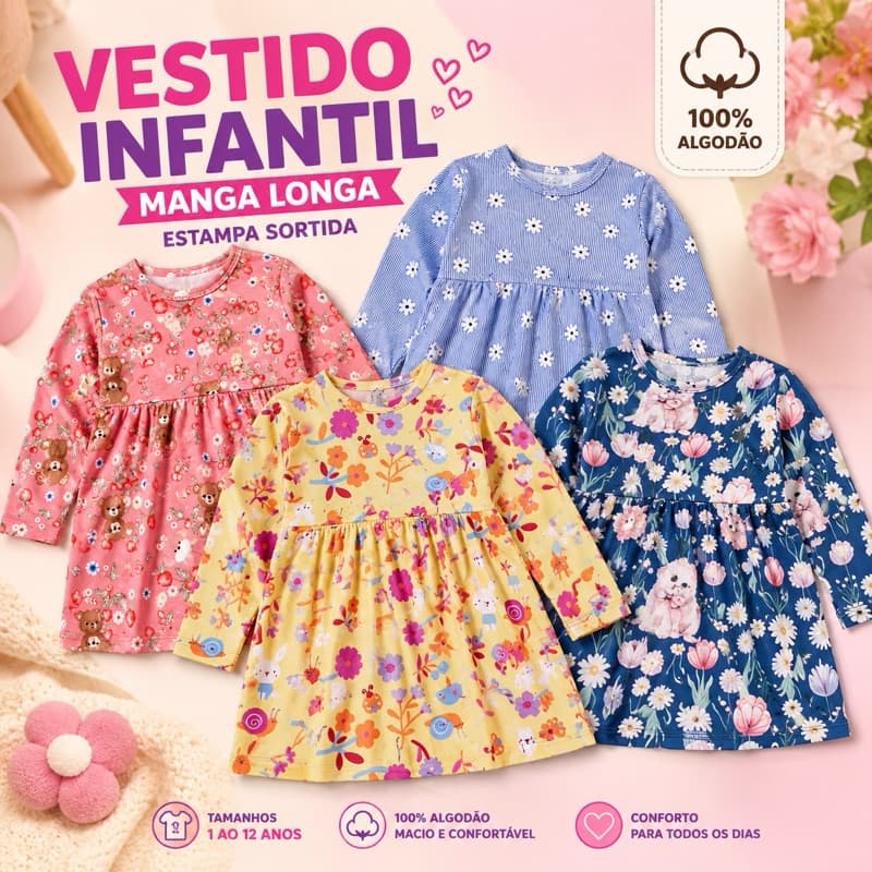 Vestido Infantil Manga Longa 100% Algodão Estampas Sortidas 1 ao 12 Anos