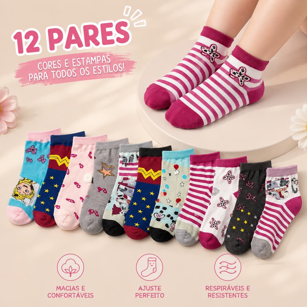 Kit 12 Pares Meias Infantil Menina Personagem 100% Algodão