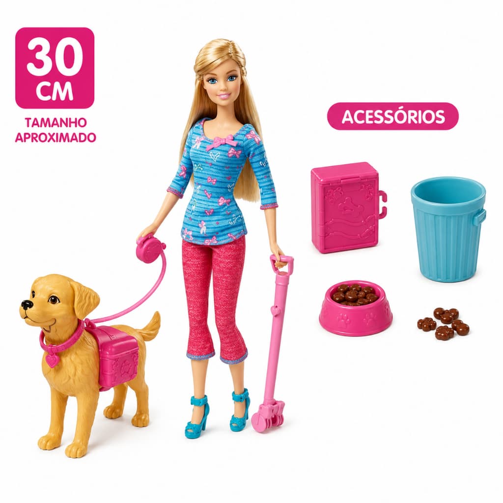 Boneca com Pets Estilo Barbie + Acessórios Tamanho Aproximado da Boneca - 30 Cm