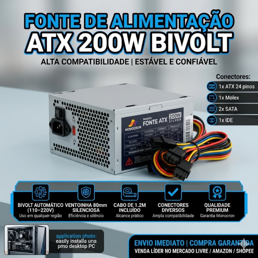 Fonte ATX 200W com Cabo Monocrom para Computador Desktop Fonte de Alimentação Office Premium