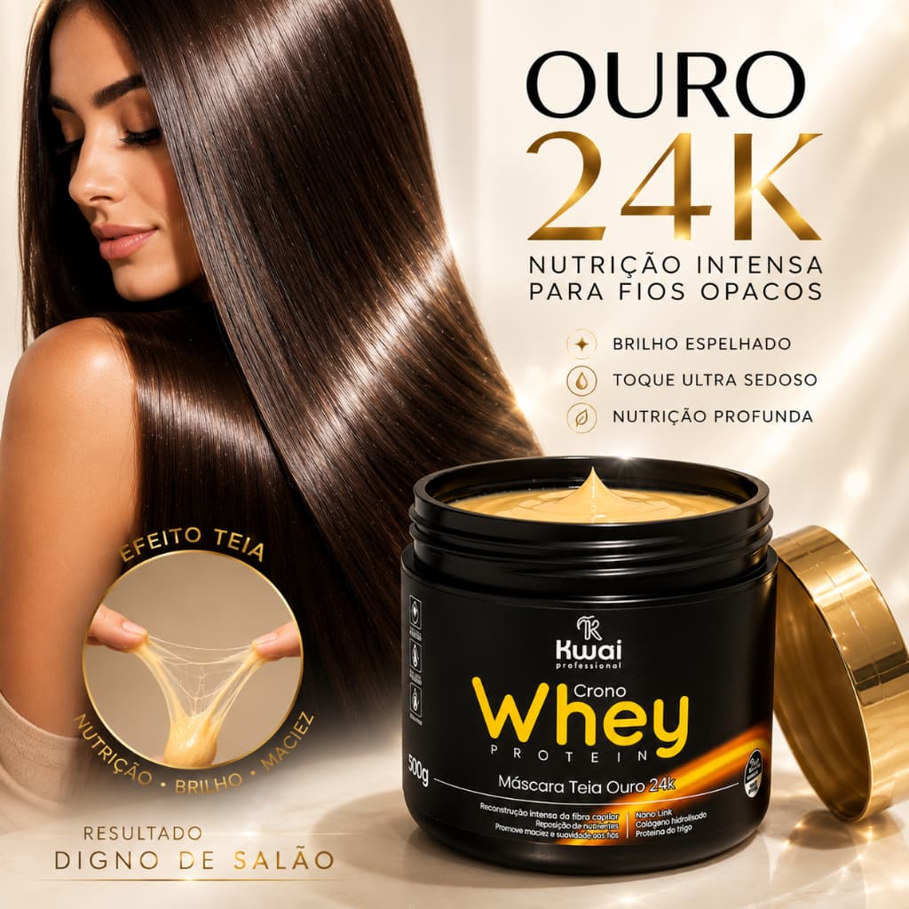 Máscara Capilar Kwai Whey Protein Ouro 24K 500g Nutrição Reconstrução Efeito Teia Fios Sedosos e Brilhantes