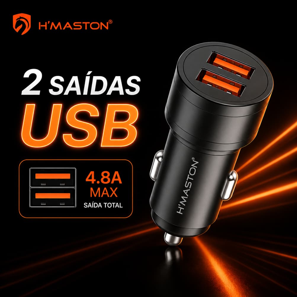 Carregador Veicular Turbo 4.8A USB Carga Rápida para Celular Android iPhone Universal Duplo USB