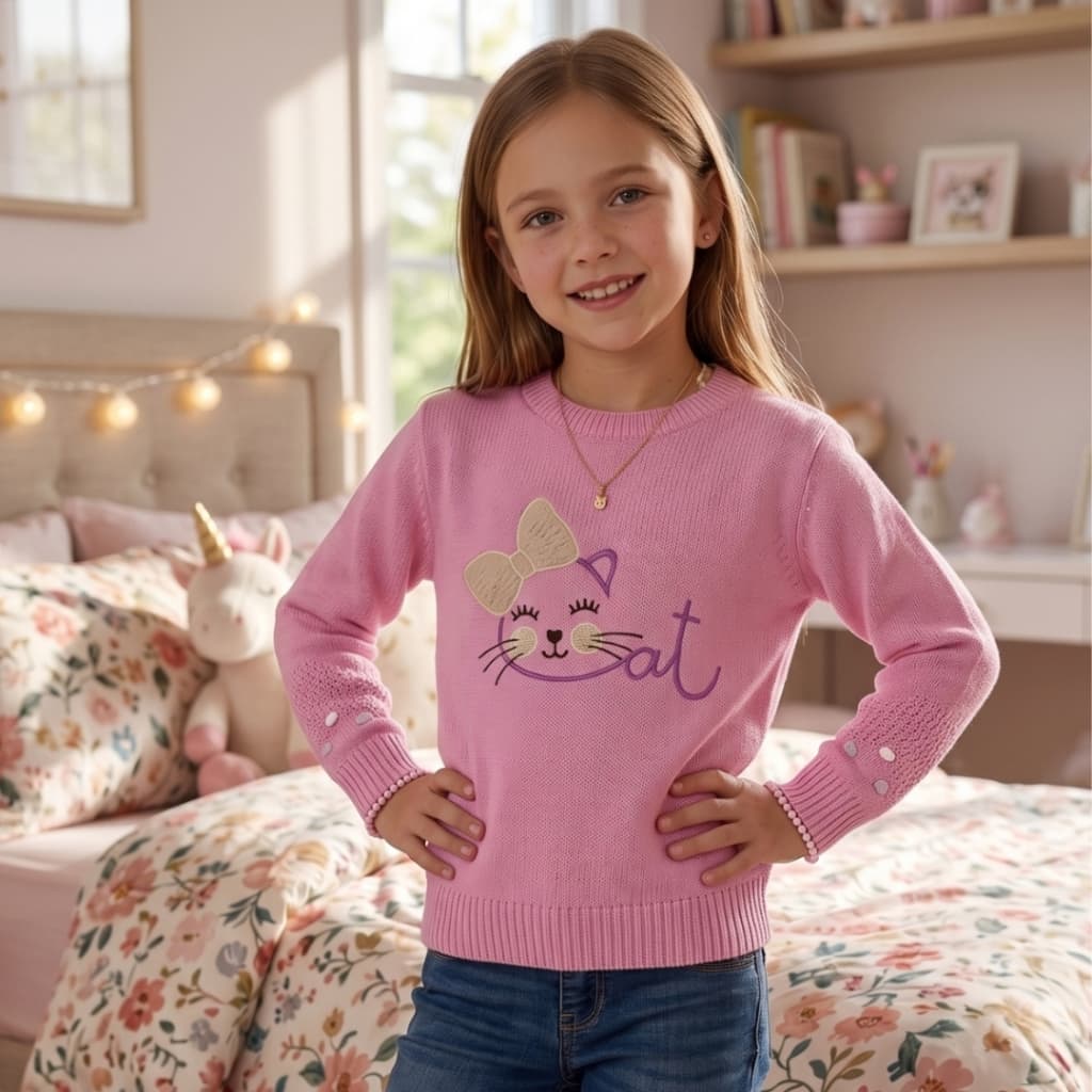 Blusa Tricot Infantil Rosa Bordada Cat Quentinha para Frio
