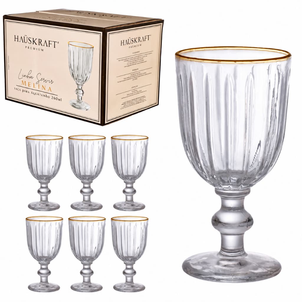 Haüskraft - Jogo de 6 Taças de Vidro com Borda Dourada Melina 260ml - Água Suco Vinho Fio de Ouro
