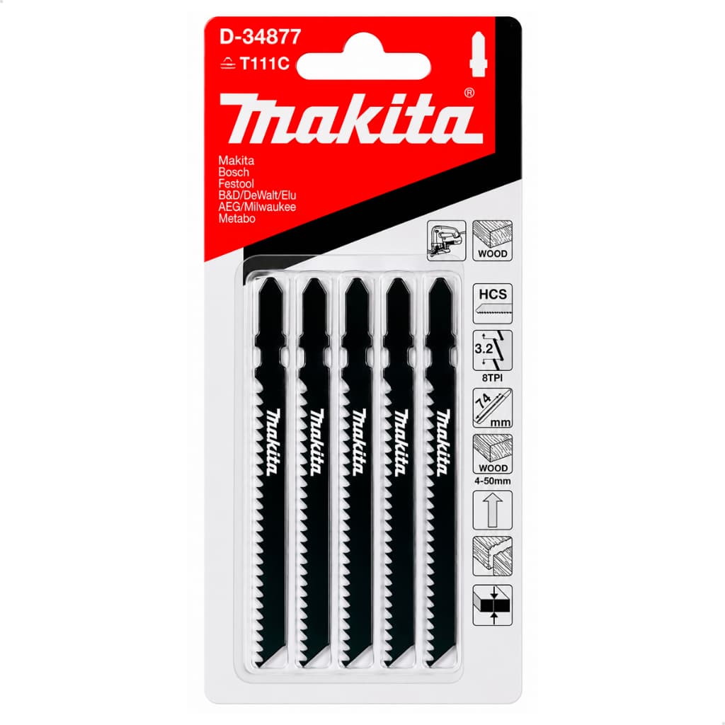 Lâmina de Serra Tico-Tico Básica para Madeira Makita D-34877 Encaixe T Original Blister com 5