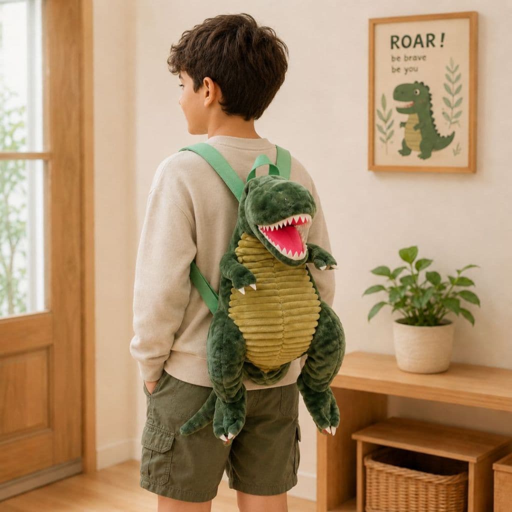 Mochila Infantil Dinossauro Pelúcia Menino Bolsa Costas Dino T Rex Mochilinha Escolar Desenho Animado Criança Bebê