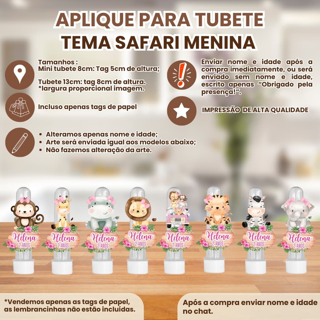 Apliques para Mini Tubete 8cm ou Tubete 13cm 3d Tema safari menina | Tag Personalizado com Nome e Idade aniversário