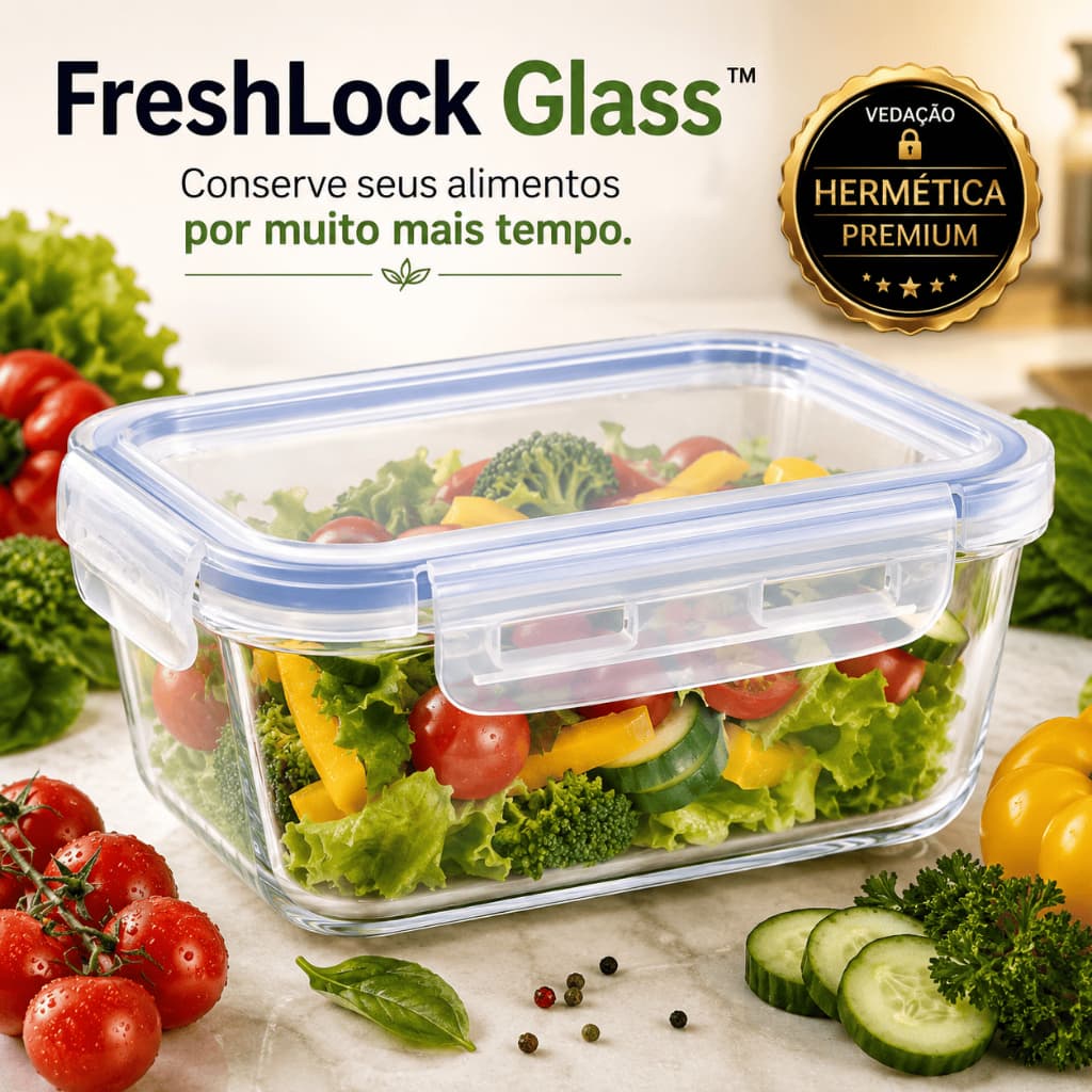 Pote Hermetico Retangular FreshLok Vidro 640ml Tampa Vedacao Conservacao Alimentos