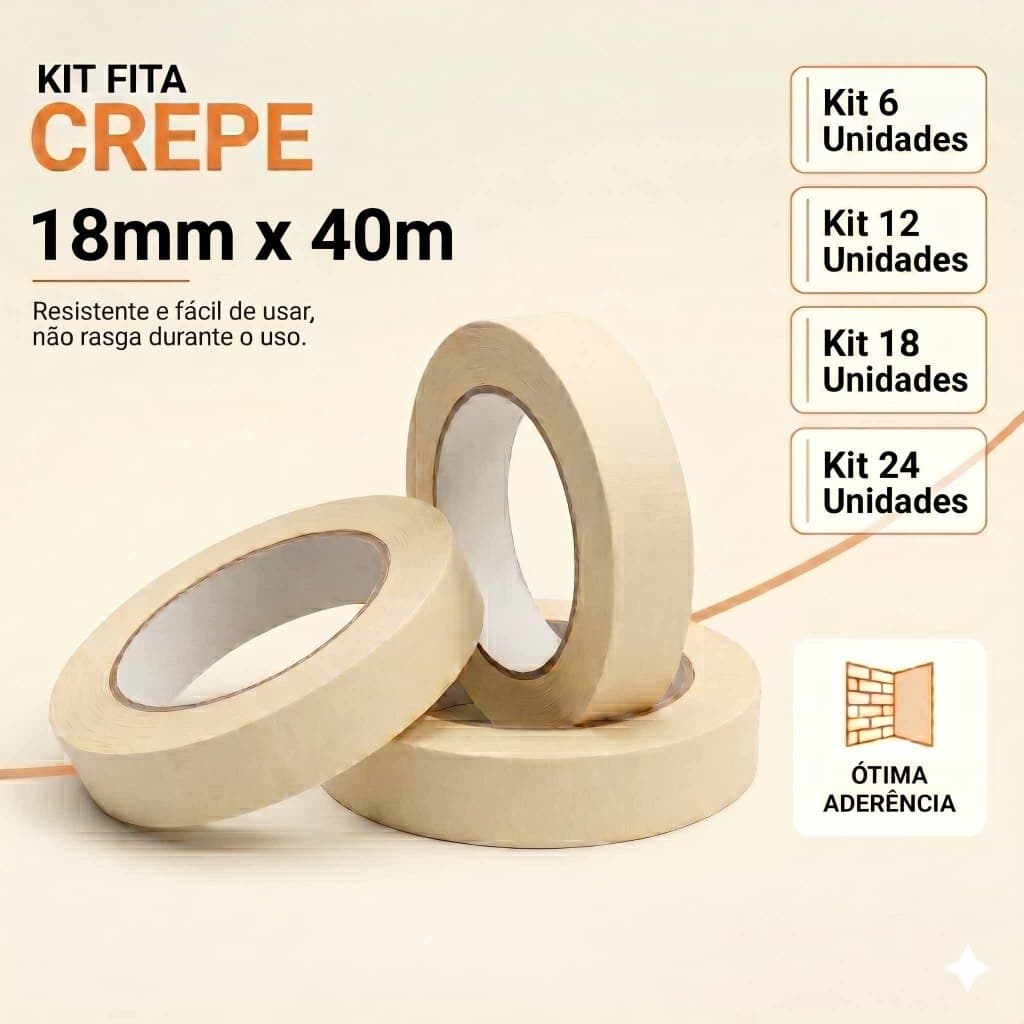 Kit Fita Crepe Branca 8mm x 40m Pintura Escritório Uso Escolar e Geral - Kit 6 Kit 12 Kit 18 Kit 24