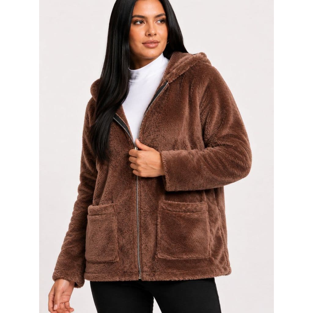 Casaco Teddy Feminino Plus Size Peluciado Com Capuz Jaqueta Sherpa Inverno Quentinha Macia Premium
