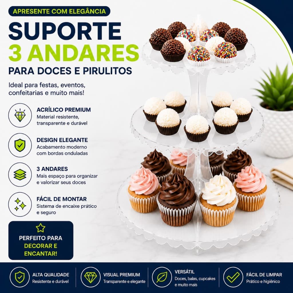 Suporte Porta Doces e Balas com Piruliteiro 3 Andares Cupcake