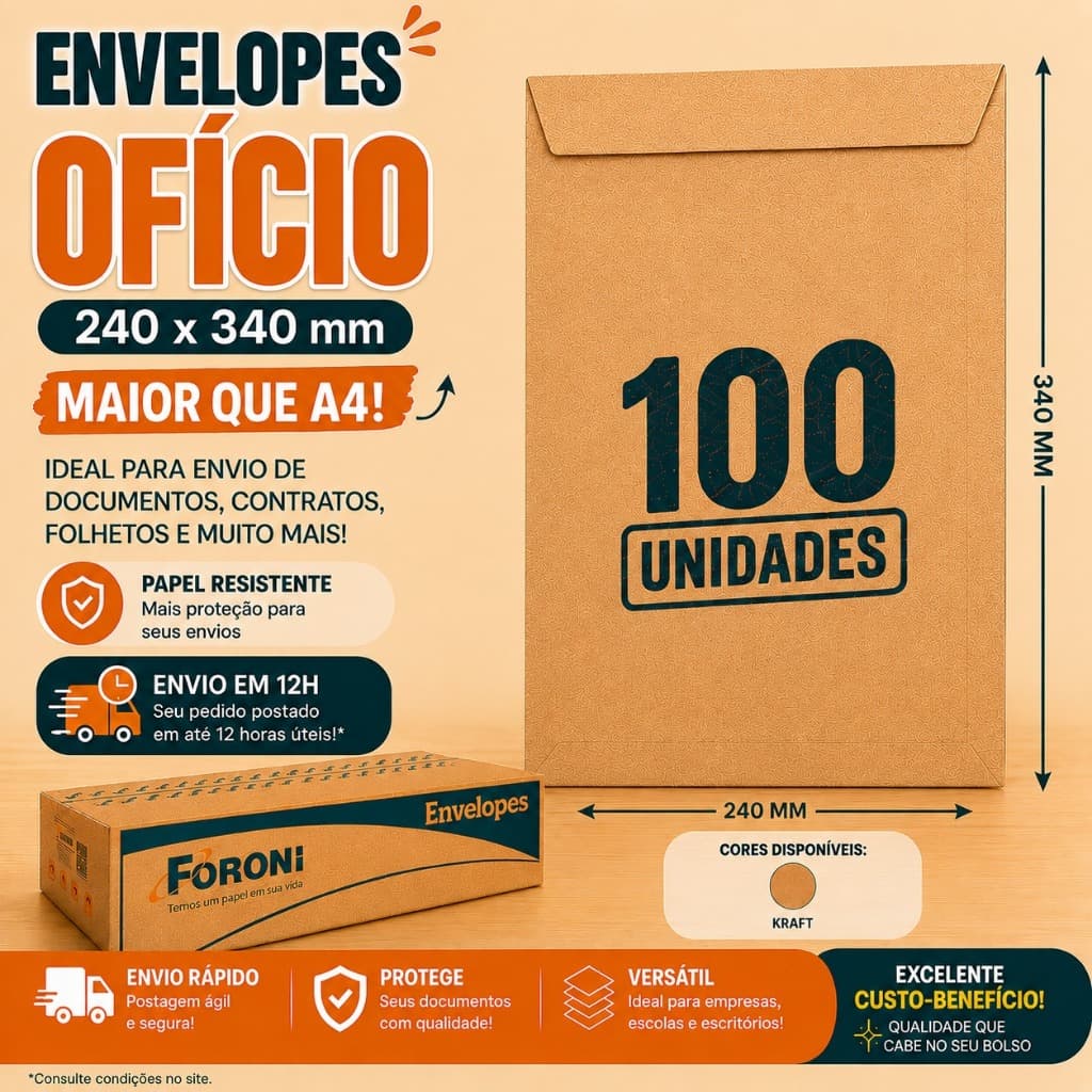Envelope Ofício Kraft 240x340 Foroni c/100 – Maior que A4