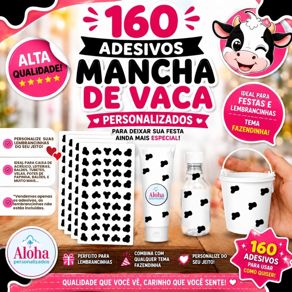 160 Adesivos Mancha marca Manchinha de Vaca Vaquinha Personalizados festa Lembrancinha Fazendinha
