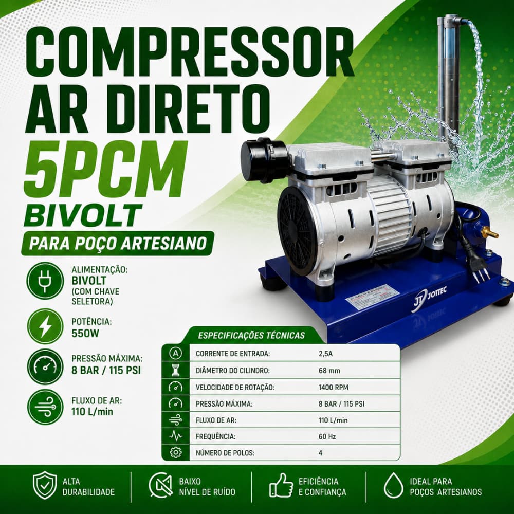 Compressor Para Poço Artesiano 5PCM 750W Bivolt Ar Direto Sem Óleo Alta Pressão